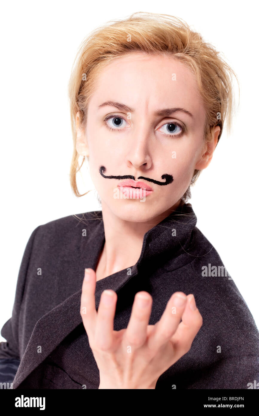 Jeune femme avec moustache peinte portant jacket Banque D'Images