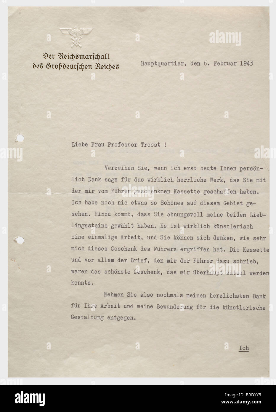 Le Professeur Gerdy Troost Lettre De Hermann Goring Lettre De Remerciement Headquarter 6 Fevrier 1943 Avec La Rubrique Le Grand Empire Allemand Au Dessus De L Aigle Du Grand Prevot Le Professeur Gerdy Troost Lettre De Hermann Goring Lettre De Remerciement Headquarter 6 Fevrier 1943 Avec La Rubrique Le Grand Empire Allemand Au Dessus De L Aigle Du Grand Prevot