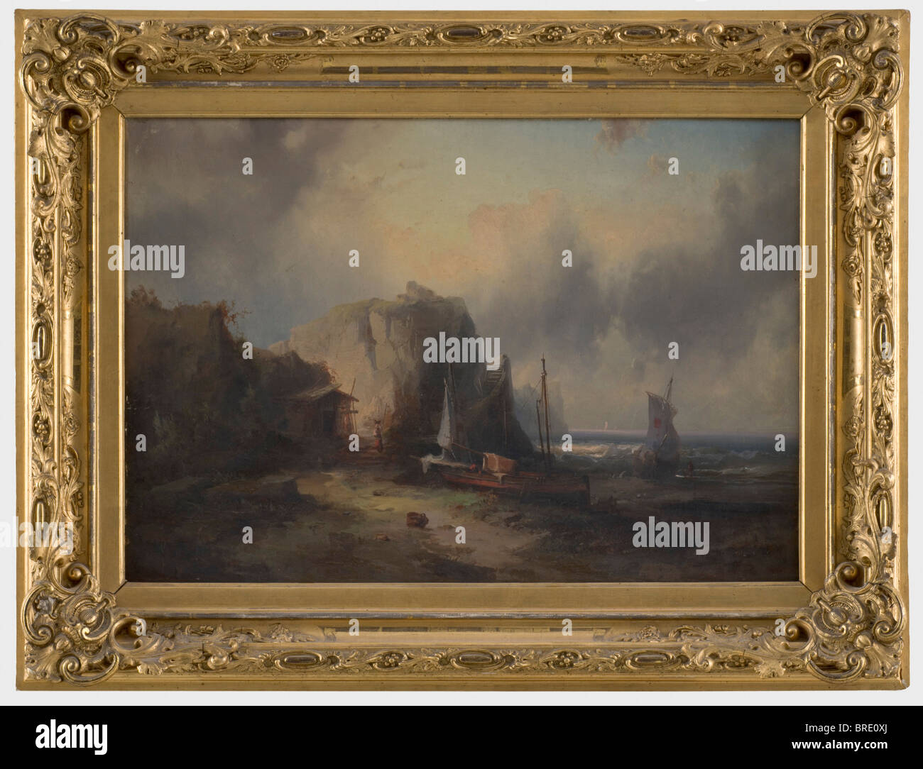 Tempête sur le Sud côte italienne, une peinture romantique, ca. 1860 Huile sur toile, non signée. La civière avec (probablement le nom de l'artiste). Cadre en bois plâtre doré avec inscription sur le verso "qui m'a été présentée par mon cher oncle, le Prince Leopold von Anhalt, le 12/12 64 - Wilhelm Prinz zu Schaumburg-Lippe', deux étiquettes d'inventaire. 47 x 78,5 cm peinture, avec cadre dimendions 67 x 88 cm. Provenance : Duchesse Elsa von Württemberg (1876 - 1936), petite-fille de la Grande-Duchesse Olga Nikolaïevna Romanova, qui devint plus tard la reine Olga de Wurtemberg. Le 6 mai 1897, elle m'a pas d'auteur de l'artiste pour être effacé Banque D'Images