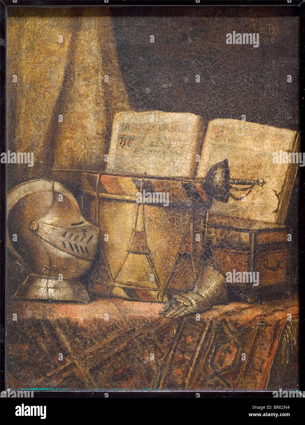 Nicolas Henry collé de Bertry (1725 - 1796), une nature morte avec visored casque, épée, tambour, et de bible. Huile sur toile. Monogrammé "J.d.B.' et datée '1790' en haut à droite. Craquelures magnifique. Dans un cadre Jugendstil plâtrés. Dimensions encadrée 46 x 40 cm. Collé de Bertry a fait un nom pour lui-même en France au cours du 18e siècle, surtout pour sa vie encore photos. Beaux-arts, 18e siècle, les beaux-arts, art, peinture, peintures, l'artiste n'a pas d'auteur pour être effacé Banque D'Images