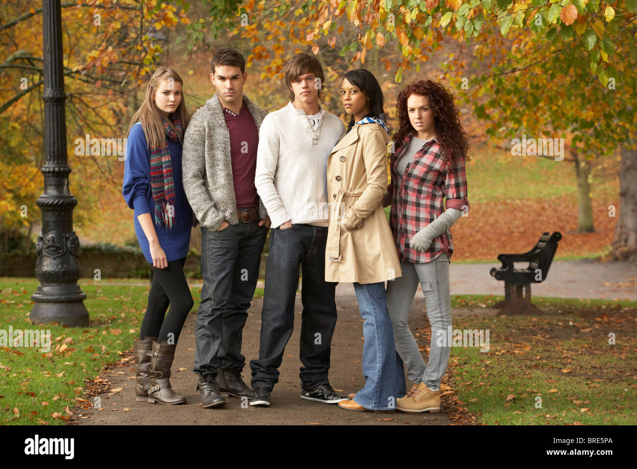 Groupe de cinq amis adolescents ayant In Autumn Park Banque D'Images