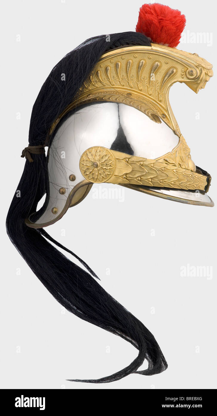 Un casque modèle 1872 pour les officiers français de dragons, porté à  partir de 1874 crâne nickelé, le sabot avec panache de crin. L'emblème et le  chinscales doré et en relief délicat.