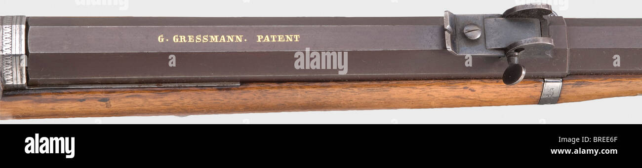 Rare fusil à tir unique, G. Gressmann, Allemagne, vers 1870. Canon octogonal avec alésage rifui de calibre 10 mm. L'extrémité avant du fourreau peut être inclinée vers le haut, sur le côté supérieur marqué « G. » Gressmann. Brevet'. Verrou à action arrière de type percussion avec mécanisme de broche de tir intégré dans la clôture. Régler le déclencheur. Noyer pleine stock avec meubles en fer, garde à gâchette, tenon et levier inférieur gravé et poli. Marques d'utilisation claires. Longueur 113 cm. Arme intéressante avec un système exceptionnel et les aspects externes d'un fusil à percussion. Erwerbsscheinpflichtig. Historique, historique, Banque D'Images