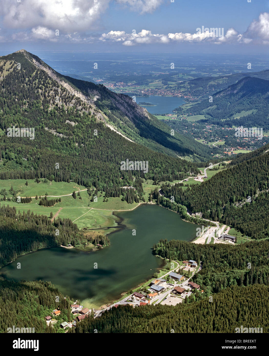 Photo aérienne, lac Spitzingsee, dans l'arrière du lac Schliersee, Abensberg, district de montagne alpine, Upper Bavaria, Germany, Europe Banque D'Images