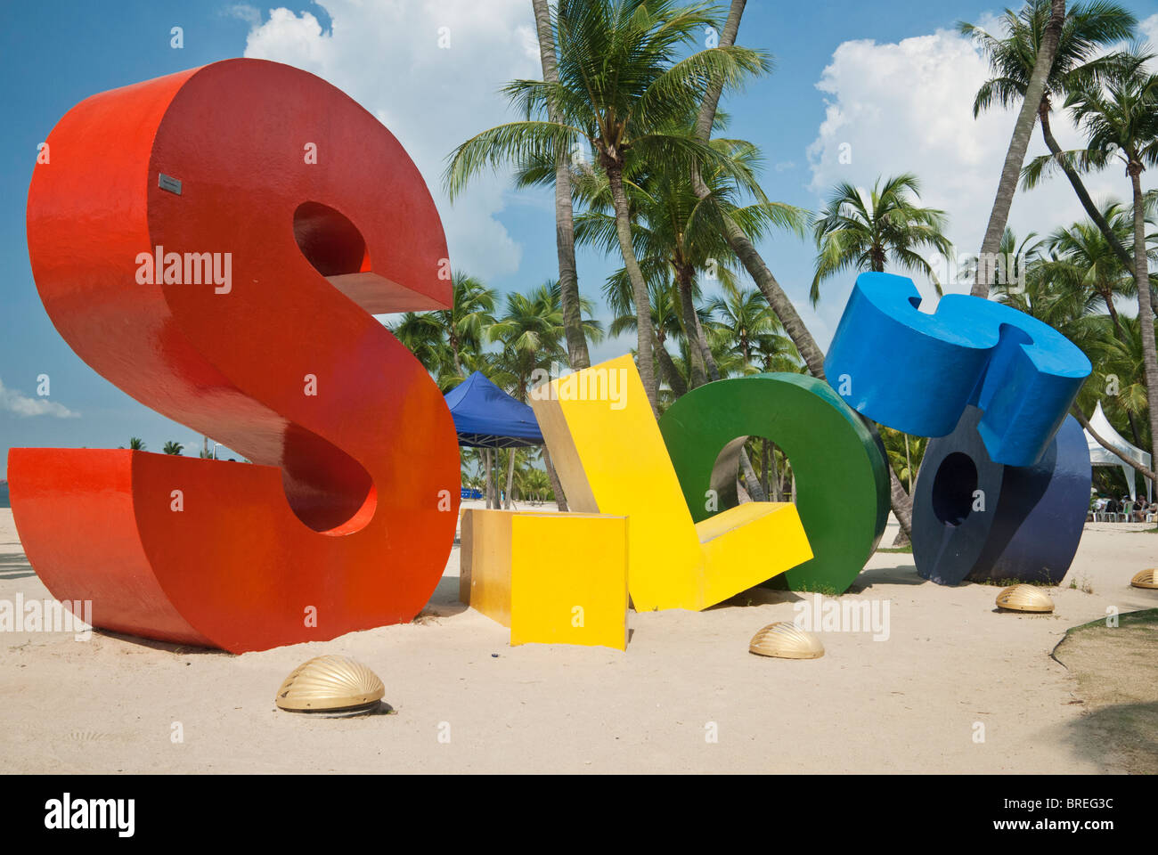 La plage de Siloso Sentosa, Singapour signe Banque D'Images