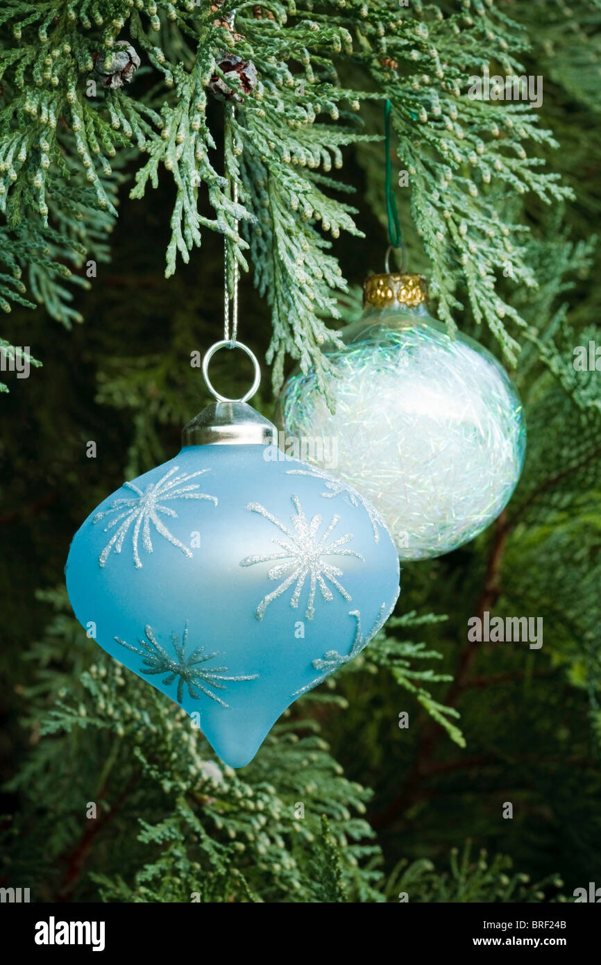 Décorations de Noël ornent un vrai arbre de Noël Banque D'Images