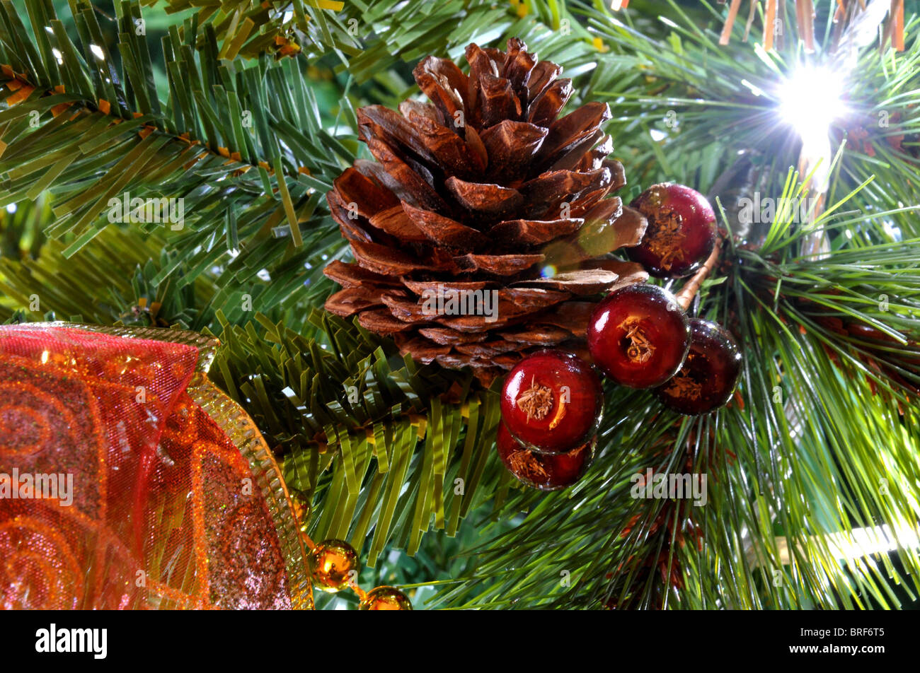 Décorations de Noël lumière lumières rouge or parcel berry forest pine cone close up shot candy stick Banque D'Images