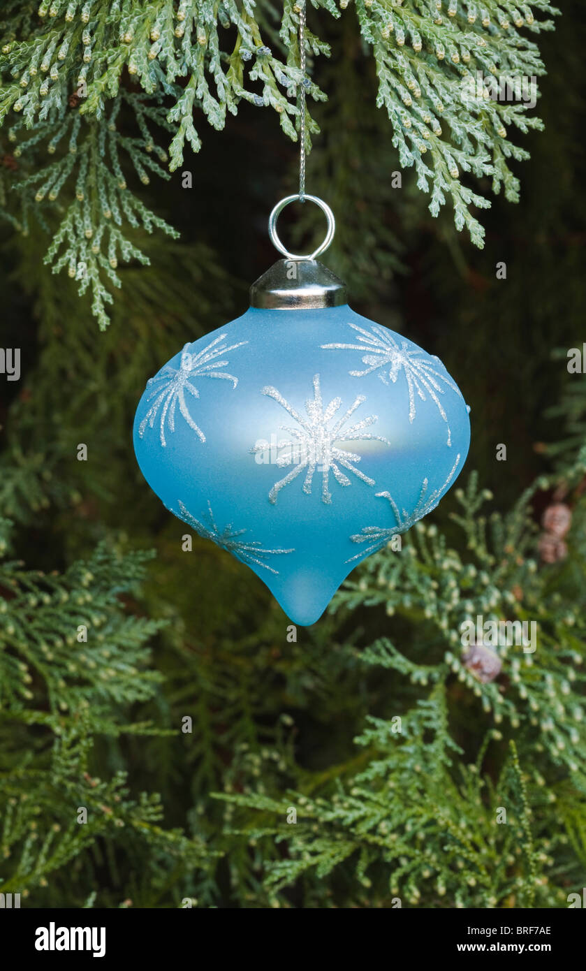 Libre d'une décoration de Noël bleu suspendu dans un arbre de Noël Banque D'Images