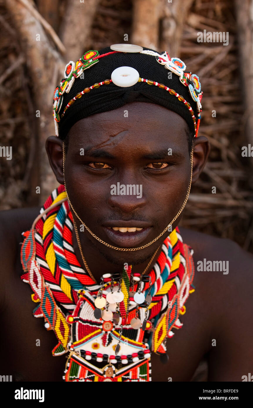 Membre de la tribu Samburu, Loisaba Wilderness Conservancy, Laikipia, Kenya. Banque D'Images