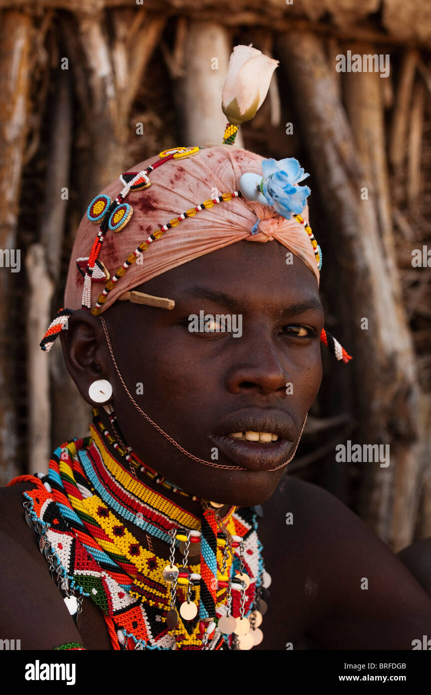 Membre de la tribu Samburu, Loisaba Wilderness Conservancy, Laikipia, Kenya. Banque D'Images