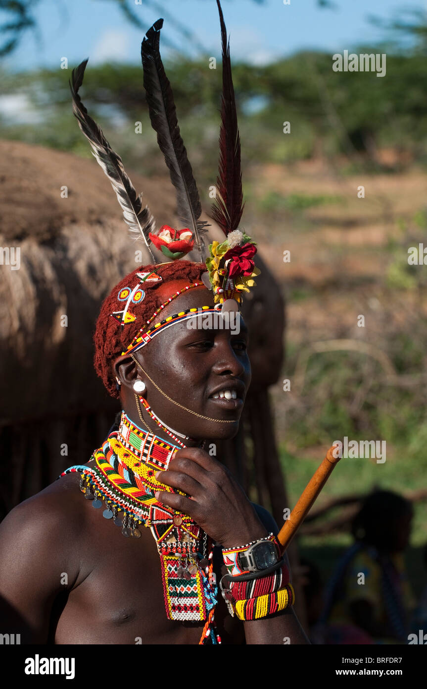 Membre de la tribu Samburu, Loisaba Wilderness Conservancy, Laikipia, Kenya. Banque D'Images