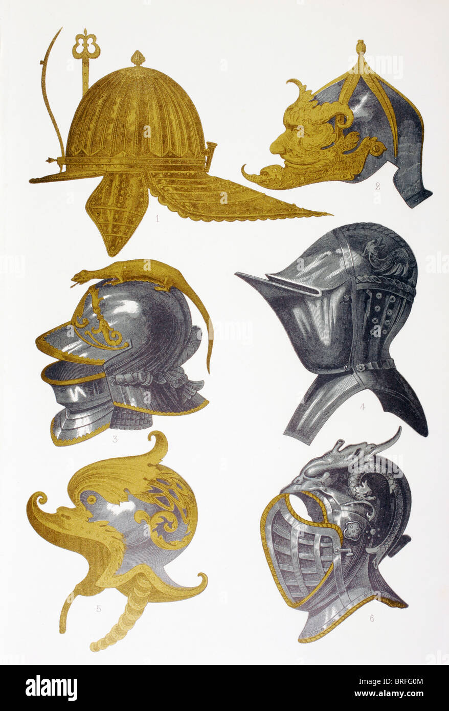 Des casques. 1. Post-Renaissance capeline casque. 2. Morion casque. 3, 4 et 6. Casques Visored. 5. Casque décoré. Banque D'Images