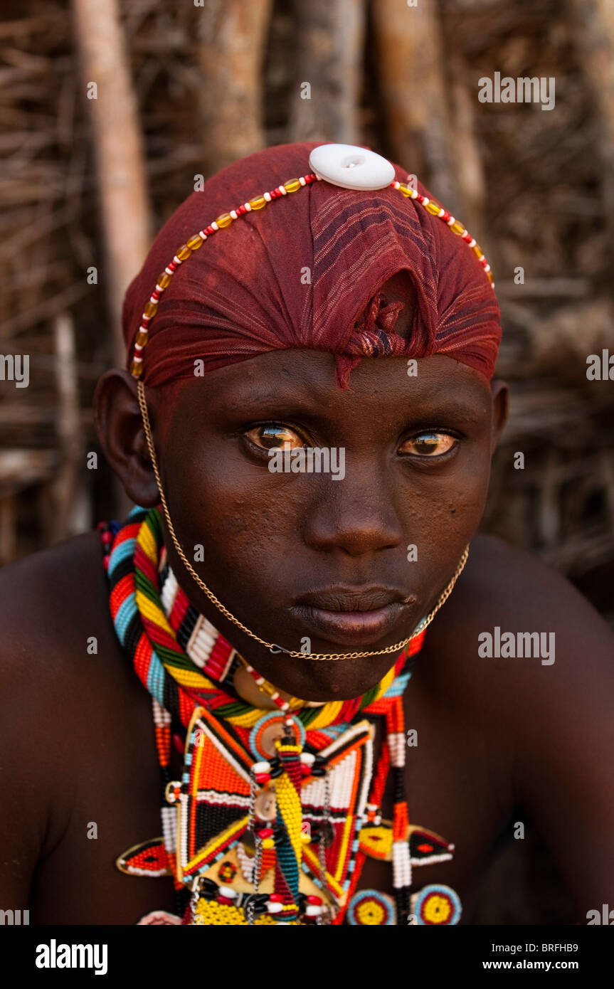 Membre de la tribu Samburu, Loisaba Wilderness Conservancy, Laikipia, Kenya. Banque D'Images