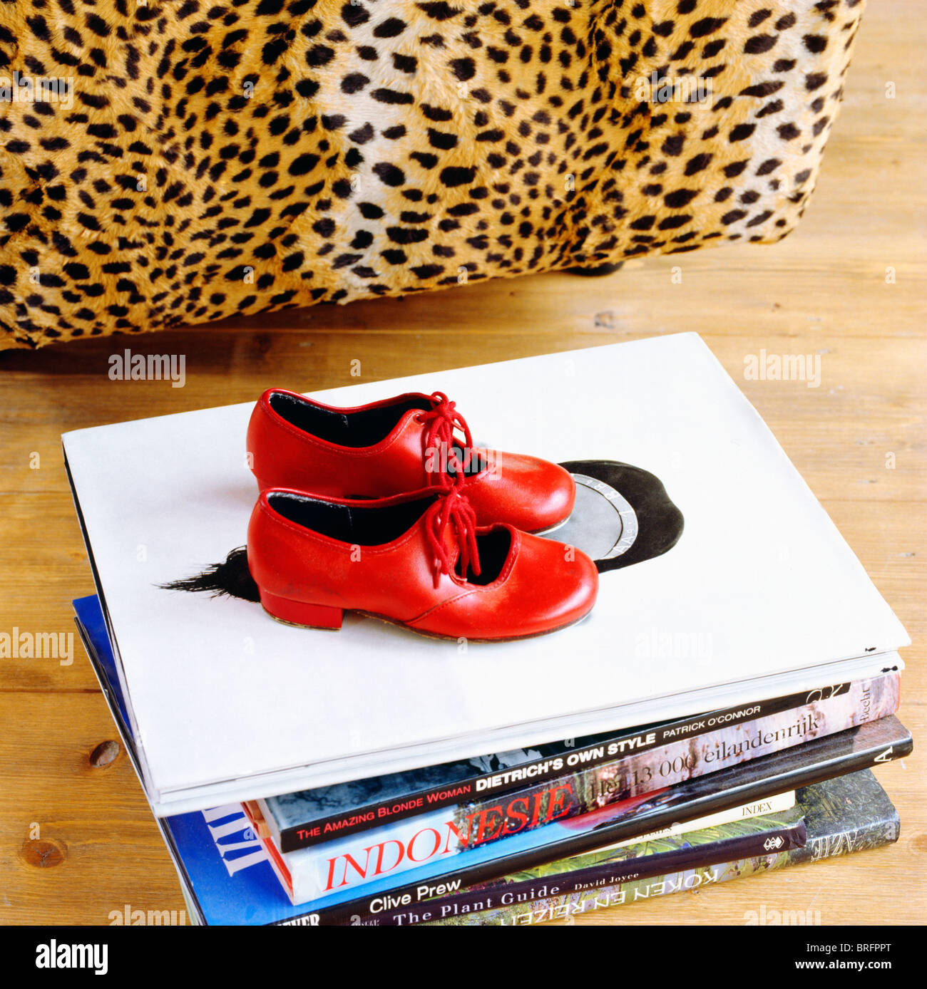 Close-up of tap-cuir rouge chaussures sur pile de livres à côté de tabouret léopard Banque D'Images