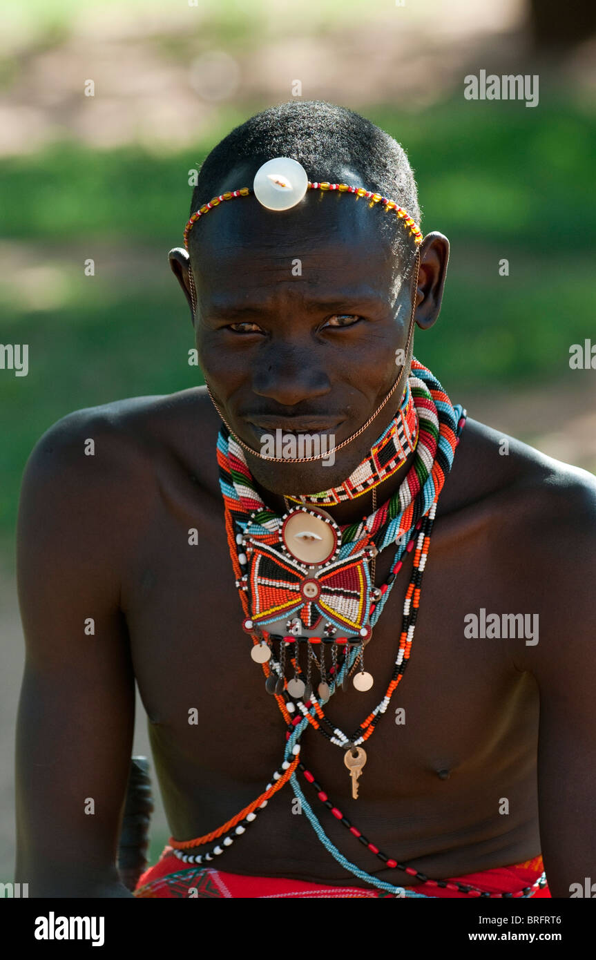 Membre de la tribu Samburu, Loisaba Wilderness Conservancy, Laikipia, Kenya. Banque D'Images