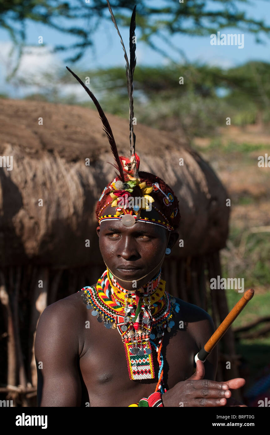 Membre de la tribu Samburu, Loisaba Wilderness Conservancy, Laikipia, Kenya. Banque D'Images
