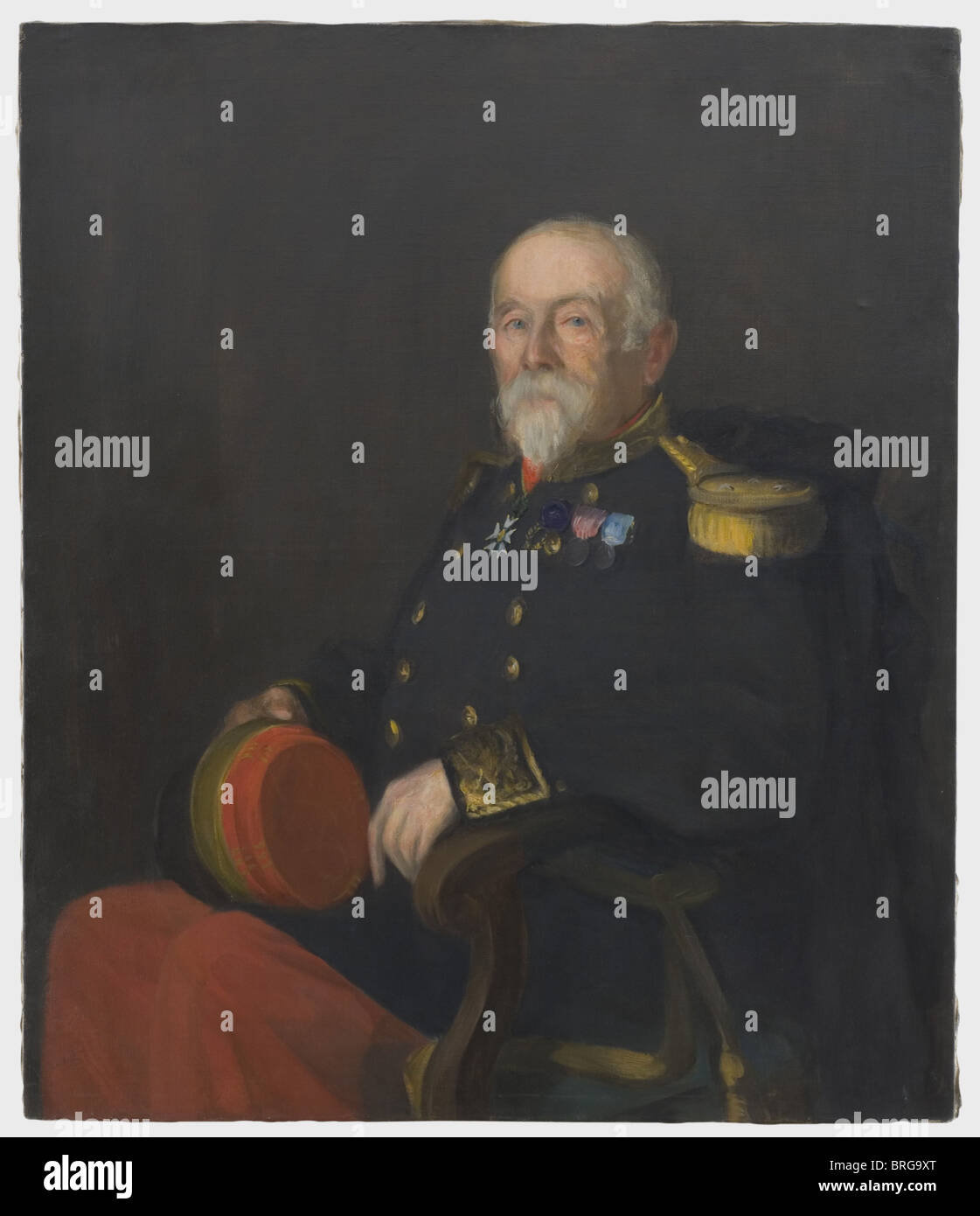 Leopold Leinweber (1861 - 1909), portrait du général Saint-Cyr Louis Baron Nugues (1819 - 1900) huile sur toile et cadre de civière. Demi-portrait du général assis en uniforme portant la Croix du Commandant de l'ordre de la Légion d'honneur. Sur le verso de la civière ancienne étiquette 'Leo Leinweber... Le Général Comte Nugues. 121 x 100 cm. Le général Nugues, pendant plusieurs années l'adjudant d'aile du général Montebello, devient colonel en 1869. Dans la guerre de 1870/71 il est membre du personnel général de Marechal Bazaine et devient Brigade General en 1875. Léopold Leinweber, indolore, Banque D'Images