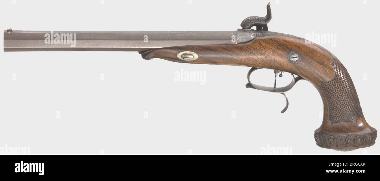 Une paire de pistolets à percussion en boîtier, Jean François Vannod,Lausanne/Suisse,vers 1840.canons octogonaux à Damas avec rainure étroite de calibre 12.5 mm,blocs de brevets,bleuissement original,et sites frontaux argentés en queue de queue de vétuste.chacun porte la marque 'ELG' sur le côté de la chambre.les dessus des canons sont gravés, 'VANNOD LAUSANNE A simple effet floral'.ensemble de gravure Triggers.Noyer demi-stocks avec des buttes sculptées et damirées.mobilier en fer gravé en suite.longueur de chacun: 41 cm.dans le feutre-tapissé de noyer avec co,droits-supplémentaires-Clearences-non disponible Banque D'Images