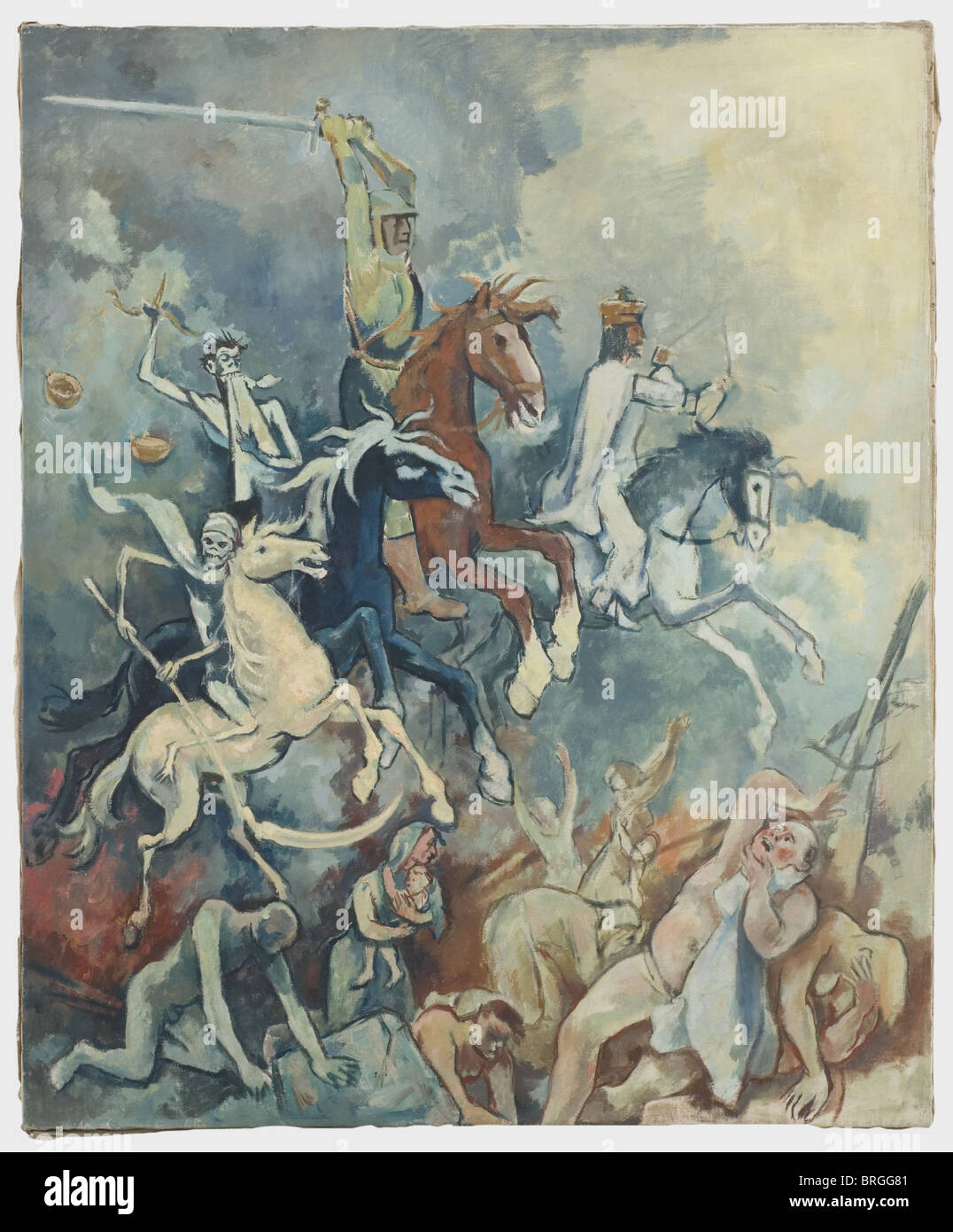 Otto Schubert (1892 - 1972), les quatre cavaliers de l'Apocalypse l'huile sur toile. Les quatre cavaliers la famine, de la guerre, la peste et la mort en face d'une toile de nuages menaçants, au-dessous de la peur des populations démunies faiblement essayant de s'échapper. Châssis entoilés, la taille de l'image 110 x 130 cm. Cette peinture est clairement reminiscient d'Albrecht Dürer, qui a consacré une série de gravures sur bois en 1498, à l'apocalypse comme décrit dans Jean, chapitre 6, verset 1 - 8, une section de la bible traitant de l'apparition de la cavalerie. En tant que jeune homme, Otto Schubert a pris part à la Première Guerre mondiale et de l'artiste , Copyright n'a pas à être effacée Banque D'Images