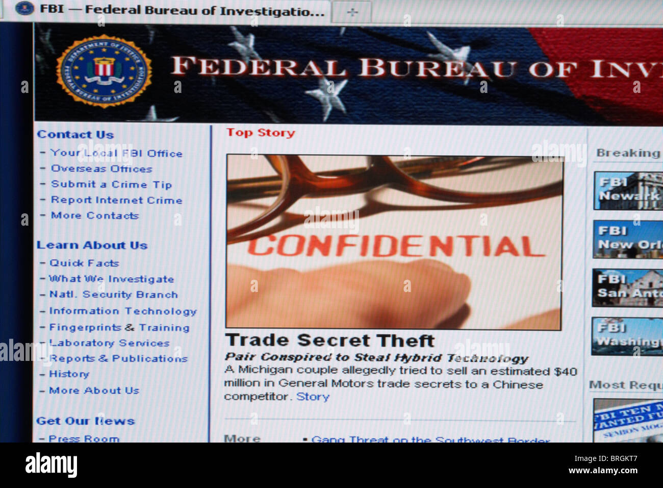 Capture d'écran de site web site du FBI Banque D'Images