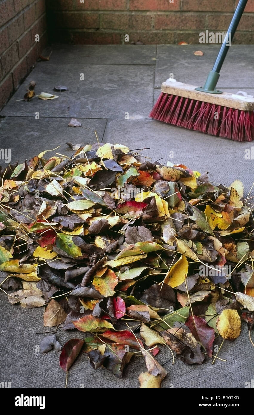 Balayant d'un tas de feuilles sur la voie Banque D'Images