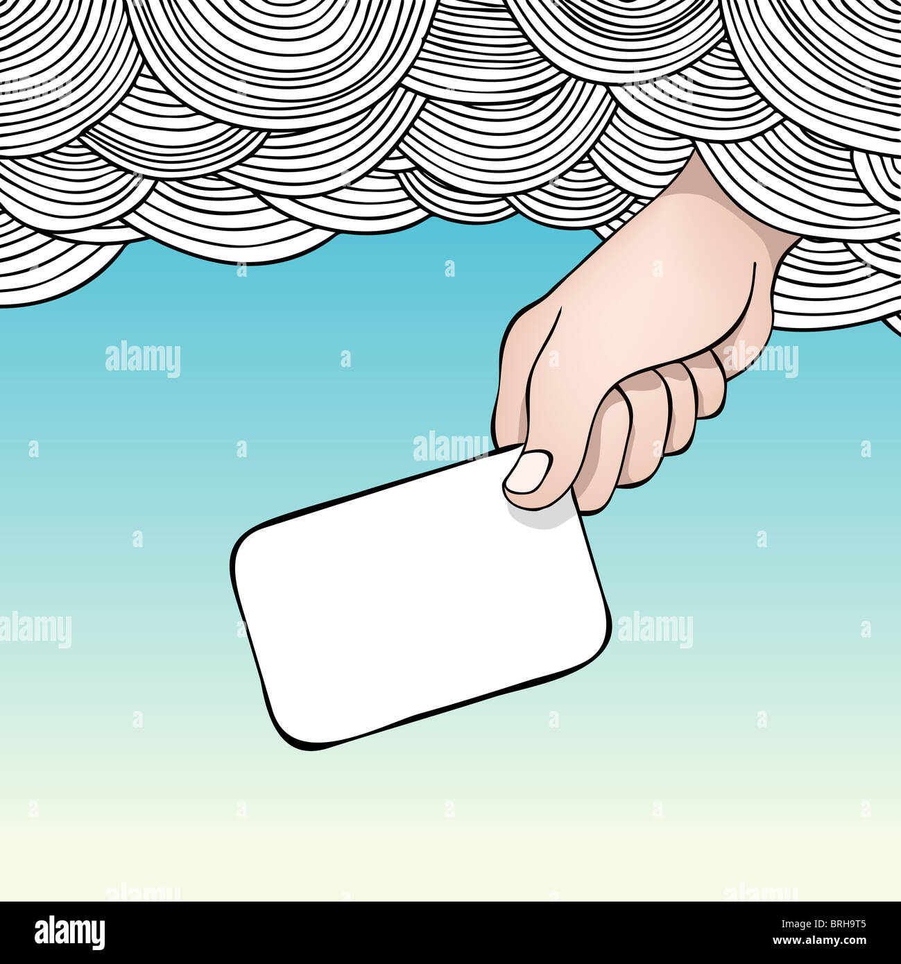 Illustration d'une part atteindre hors des nuages tenant une carte vierge Banque D'Images