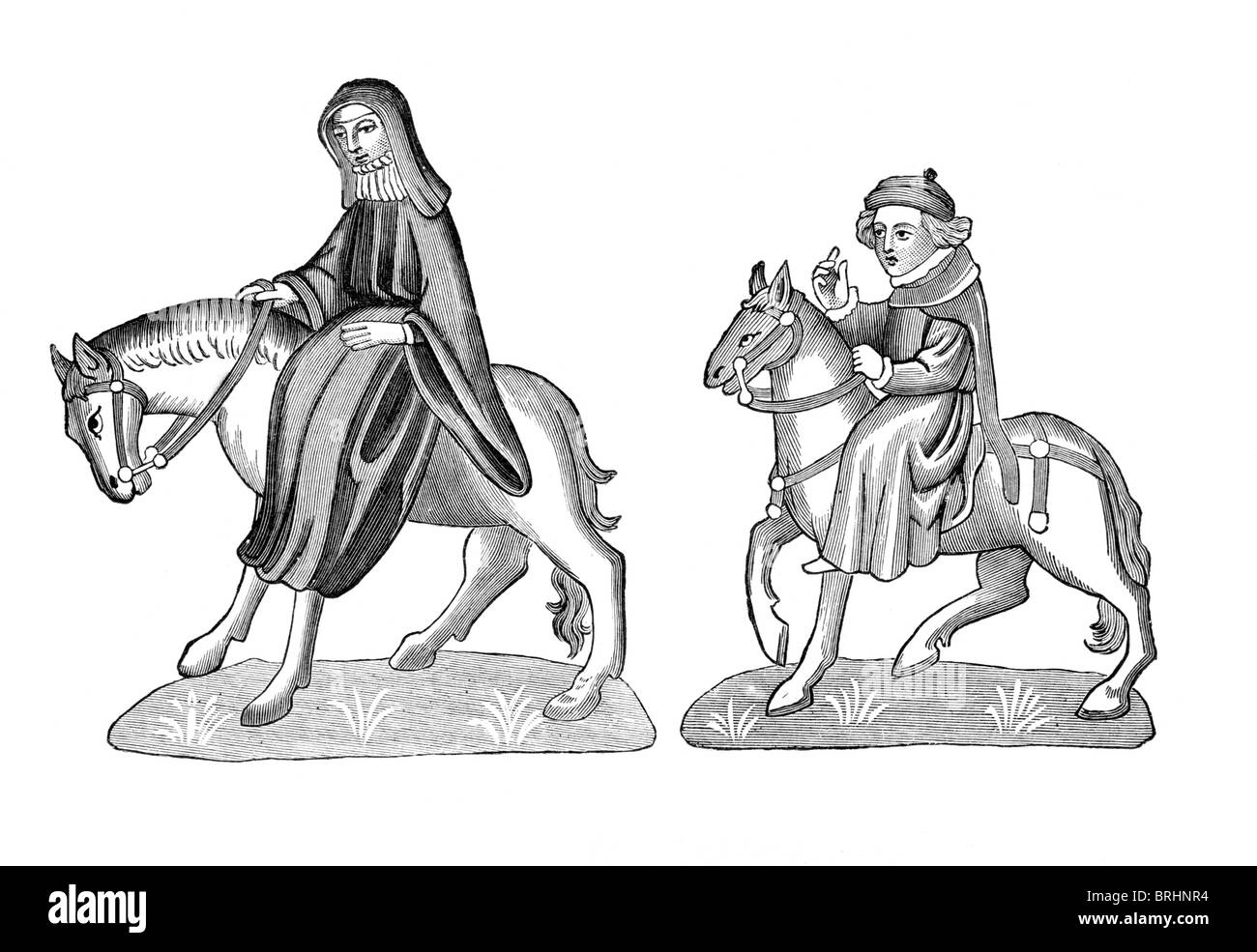 Illustration noir et blanc ; la deuxième nonne et le prêtre de religieuse, de l'autographe d'Ellesmere, les Contes de Canterbury Banque D'Images