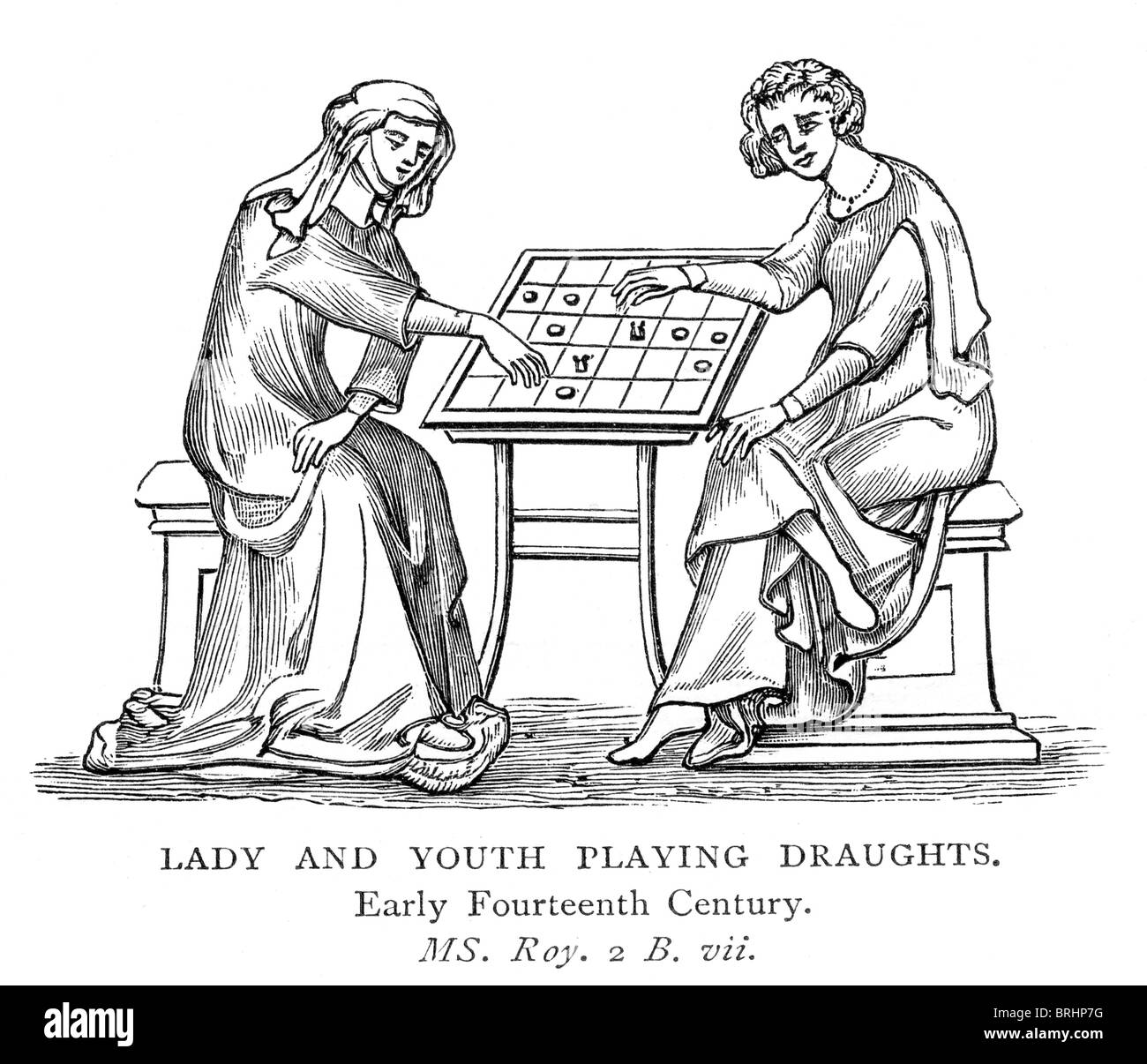 Illustration noir et blanc ; 14e siècle ; Dame et de jeunes jouant les brouillons Banque D'Images