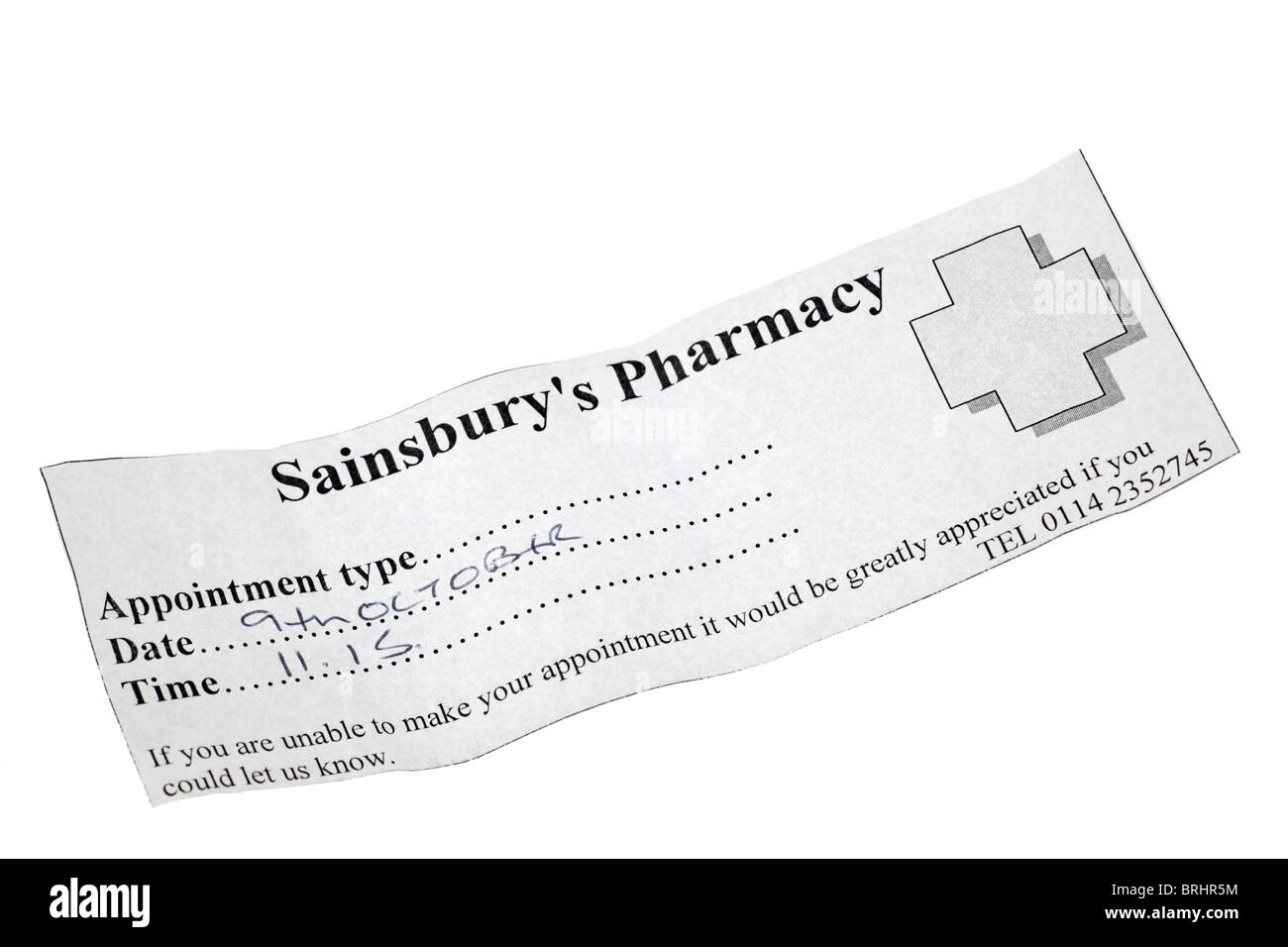 Sainsbury's Pharmacy nomination billet papier Banque D'Images