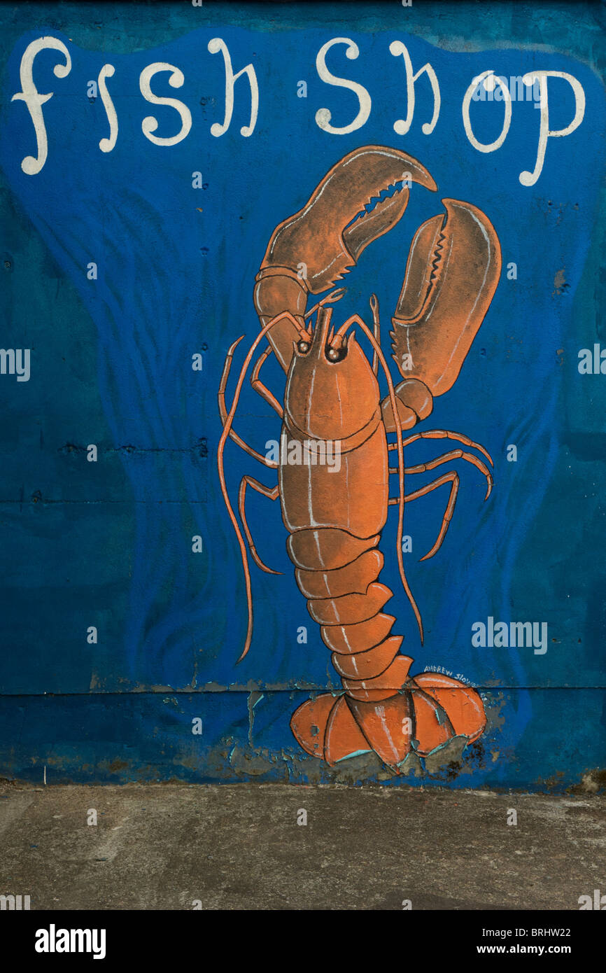 Le mur peint d'une boutique de poissons par les mots sur une boutique de poissons Red Lobster à Killala, Comté de Mayo, Irlande. Banque D'Images