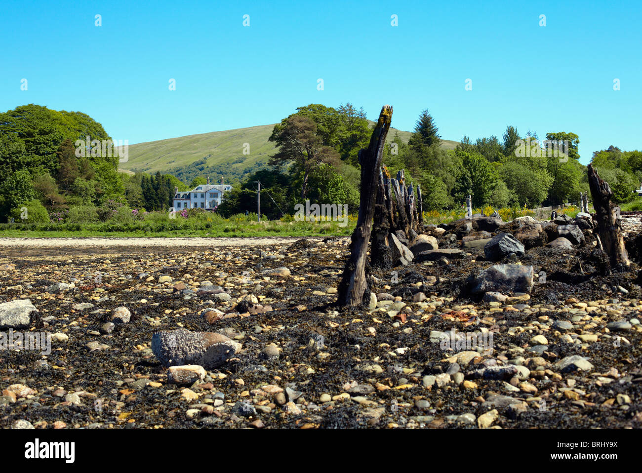 Avis de Strachur Chambre de Strachur Bay. Jetée en bois abandonnés en premier plan. L'Argyll. L'Ecosse Banque D'Images