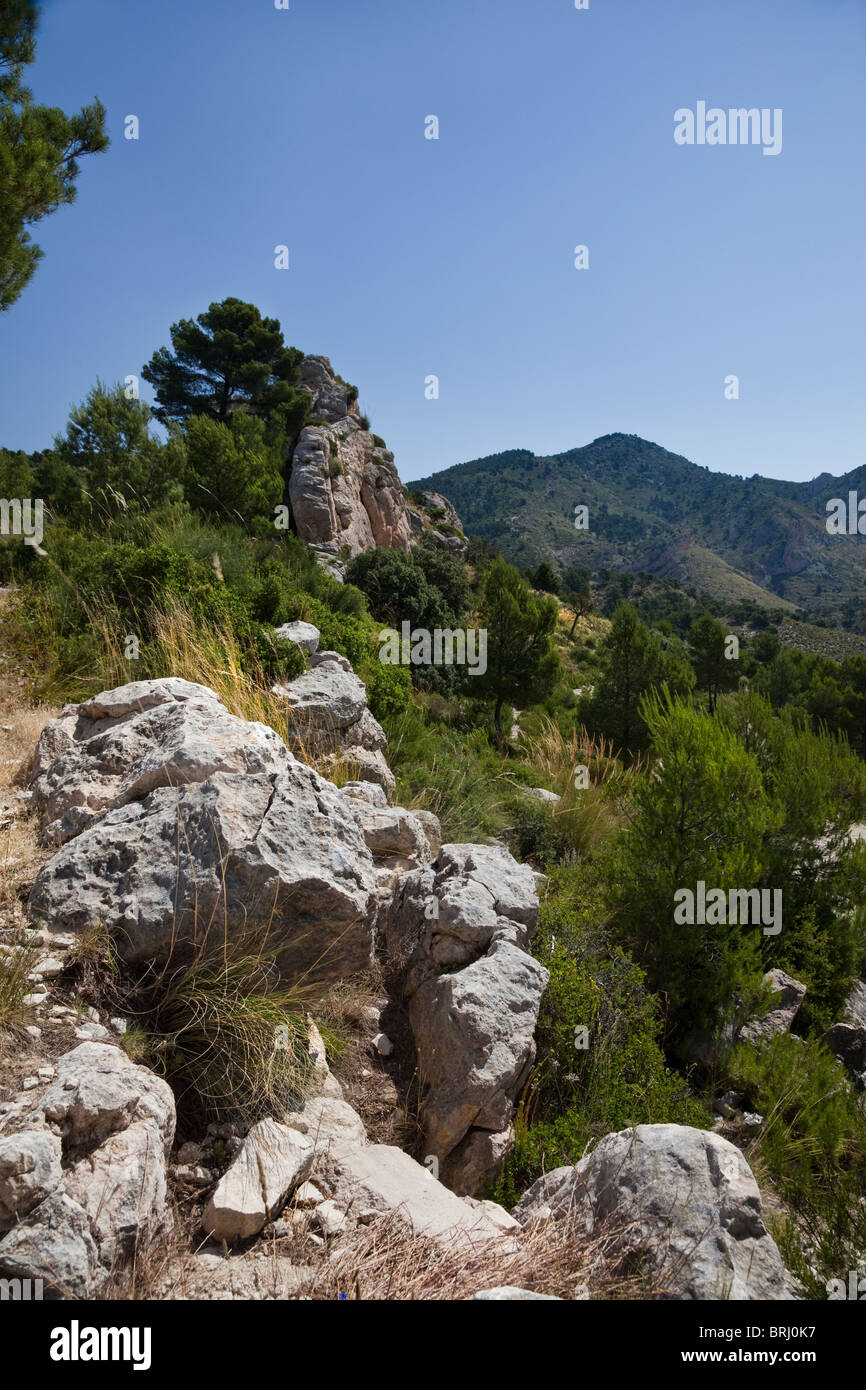 Vue sur la campagne espagnole avec ciel bleu de Sierra Forada, Costa Blanca, Espagne Banque D'Images