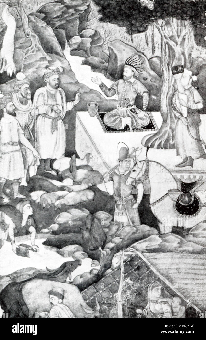 L'empereur moghol Babur est représenté (assis) avec son bord sur une expédition de chasse. Banque D'Images