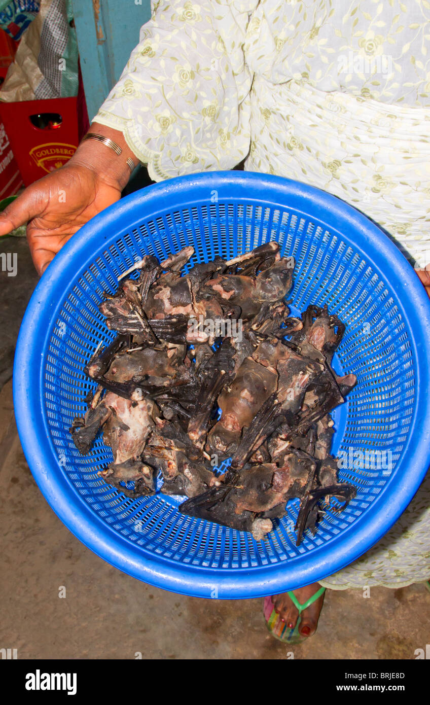 Viande de brousse : chauve-souris africaine de couleur paille (Eidolon helvum) partiellement cuite dans un restaurant rural en bordure de route. Etat d'Ondo, Nigeria Banque D'Images