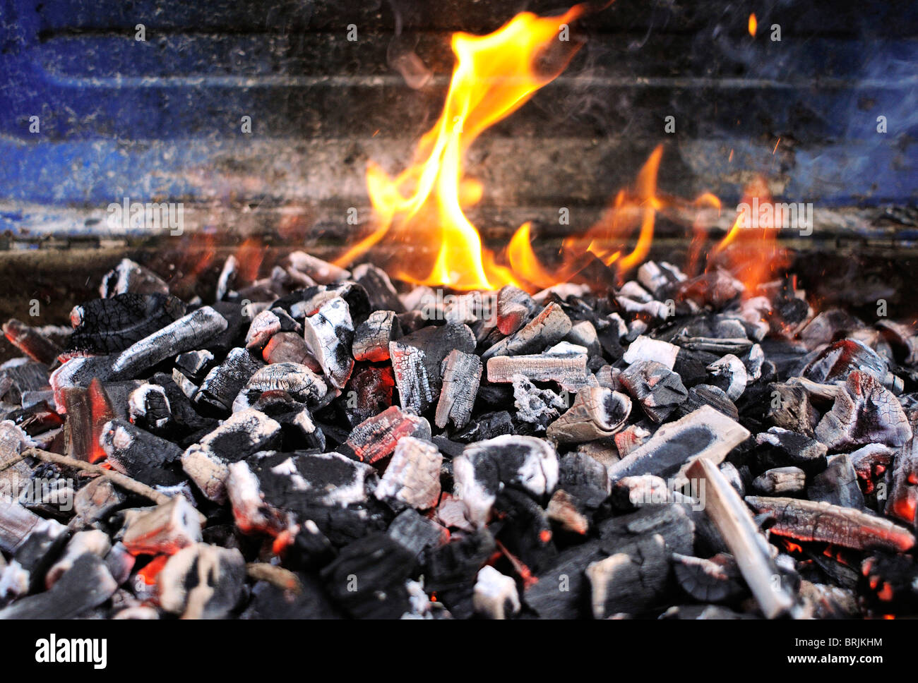 Brûlant du charbon sur la grille du barbecue Banque D'Images