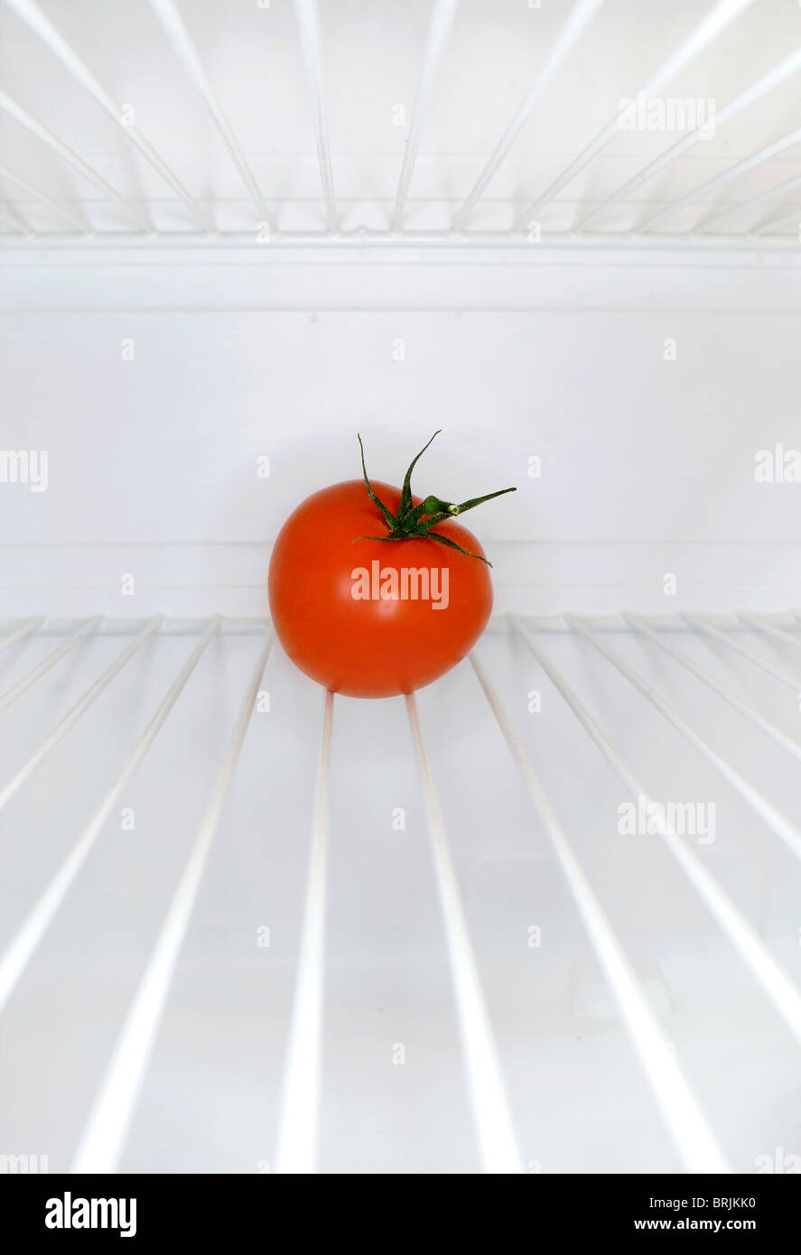 Tomate unique assise sur la durée de l'intérieur de réfrigérateur Banque D'Images