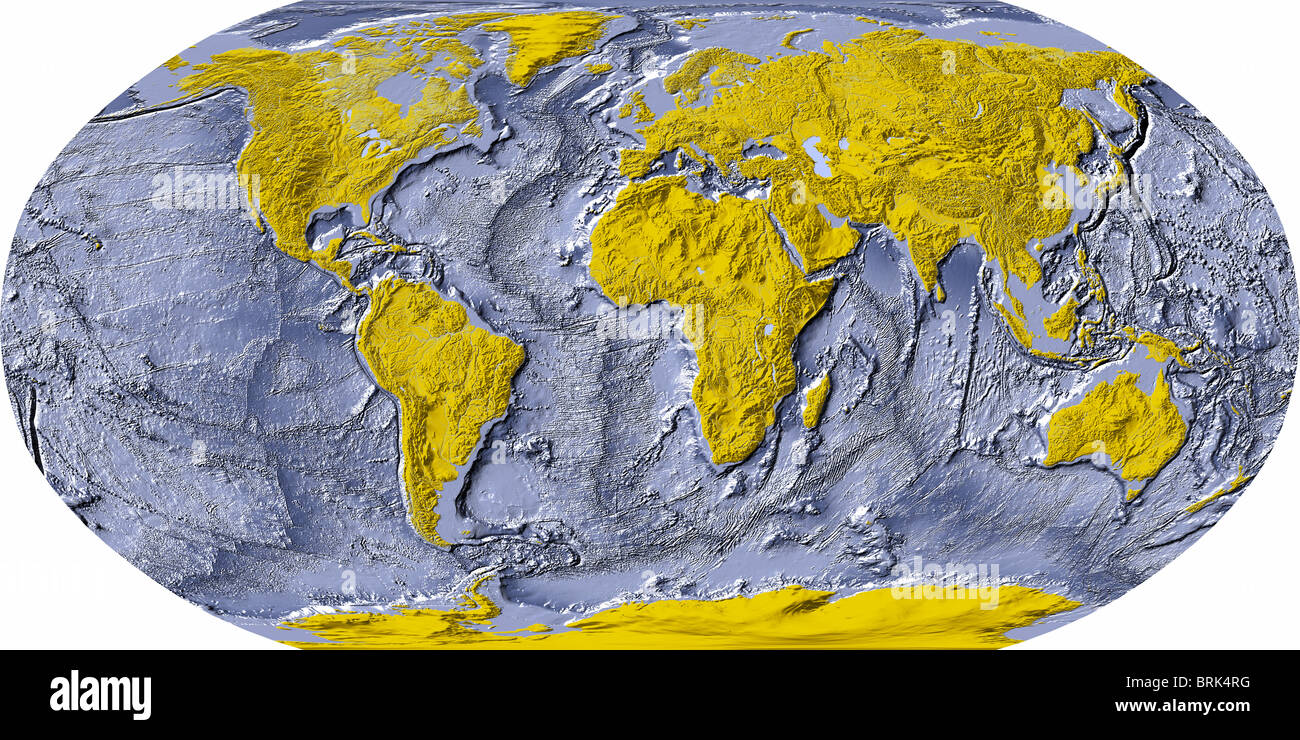 Carte du monde, avec relief ombré à l'ombre de l'océan. Les zones de terres colorées en jaune. Projection : Robinson Banque D'Images