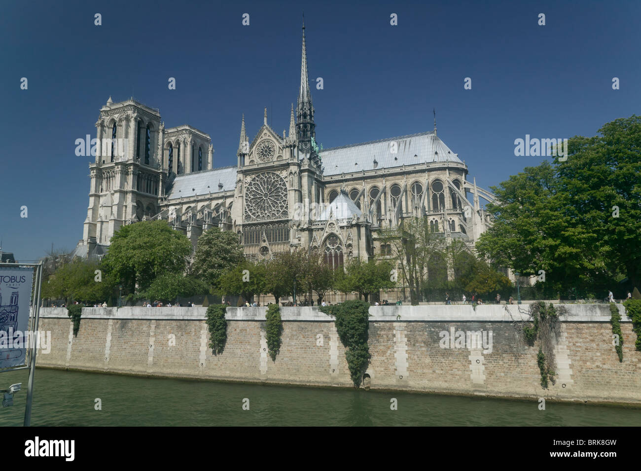 La Cathédrale Notre Dame vue depuis le quai de Montebello, sur la rive gauche de la Seine, Paris, France. Banque D'Images