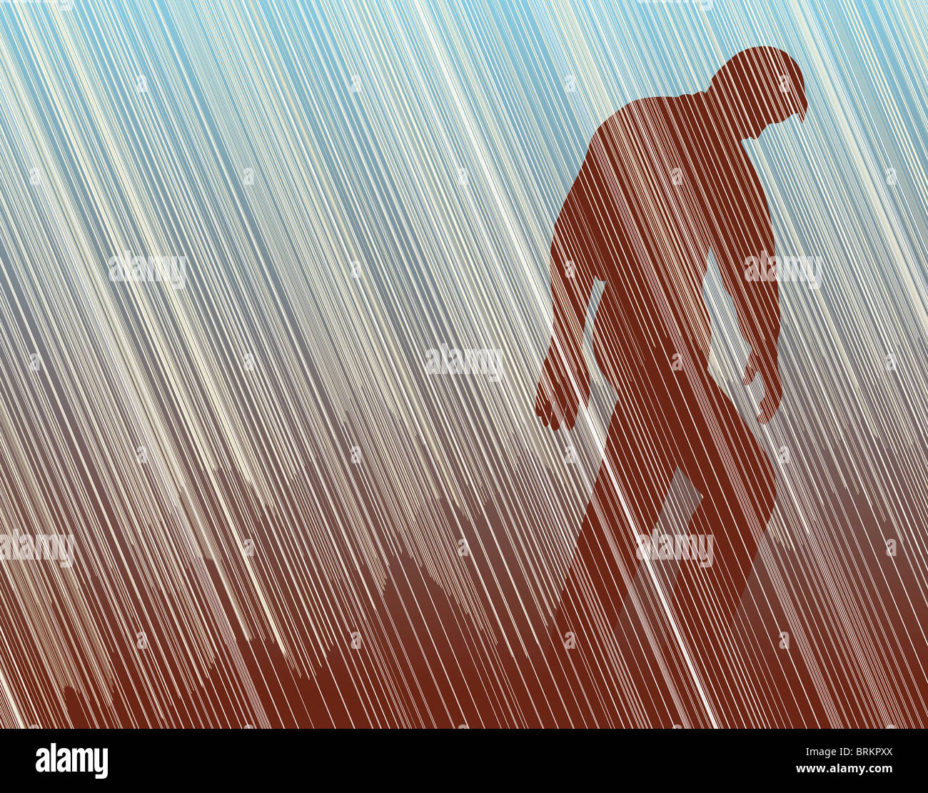 Illustration d'un homme marchant dans la pluie torrentielle Banque D'Images