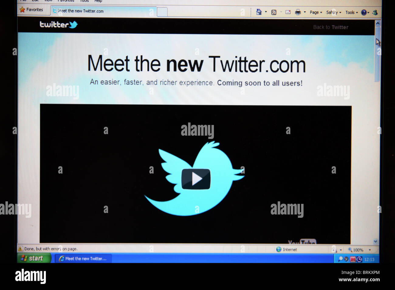 Capture d'écran de lancement du nouveau site web de réseautage social Twitter. Banque D'Images
