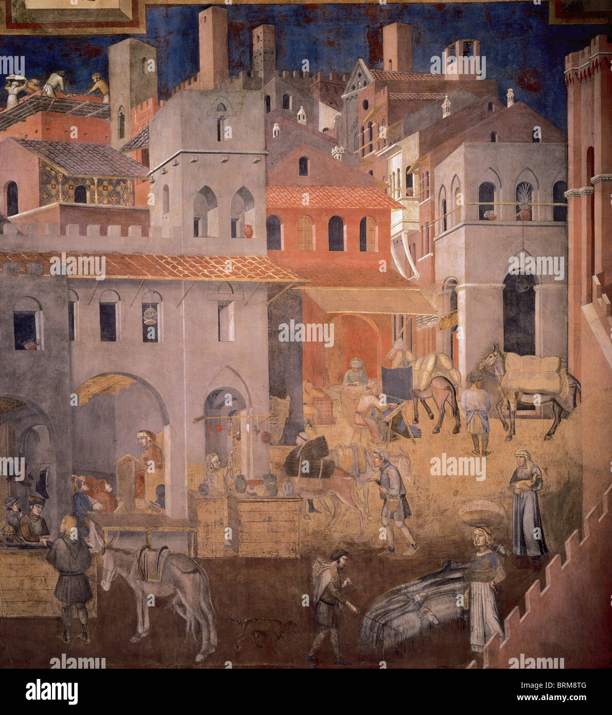 Ambrogio Lorenzetti (1280-1348). Effets du bon gouvernement dans la ville. En plein air. Détail. Marchands dans la ville fortifiée de Sienne. Banque D'Images