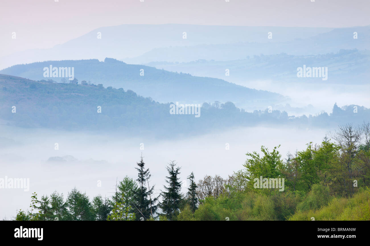 Montagnes brumeuses des Brecon Beacons, à l'aube de l'Allt an Esgair, parc national de Brecon Beacons, Powys, Pays de Galles. Banque D'Images