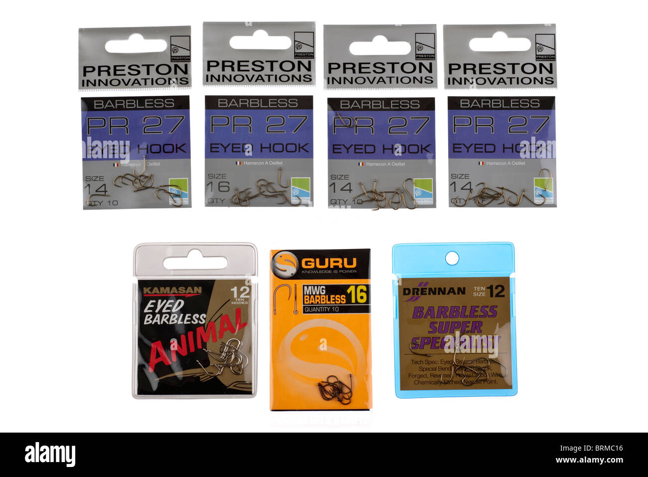 Sept paquets de taille moyenne mixte crochets aux yeux bleus Banque D'Images