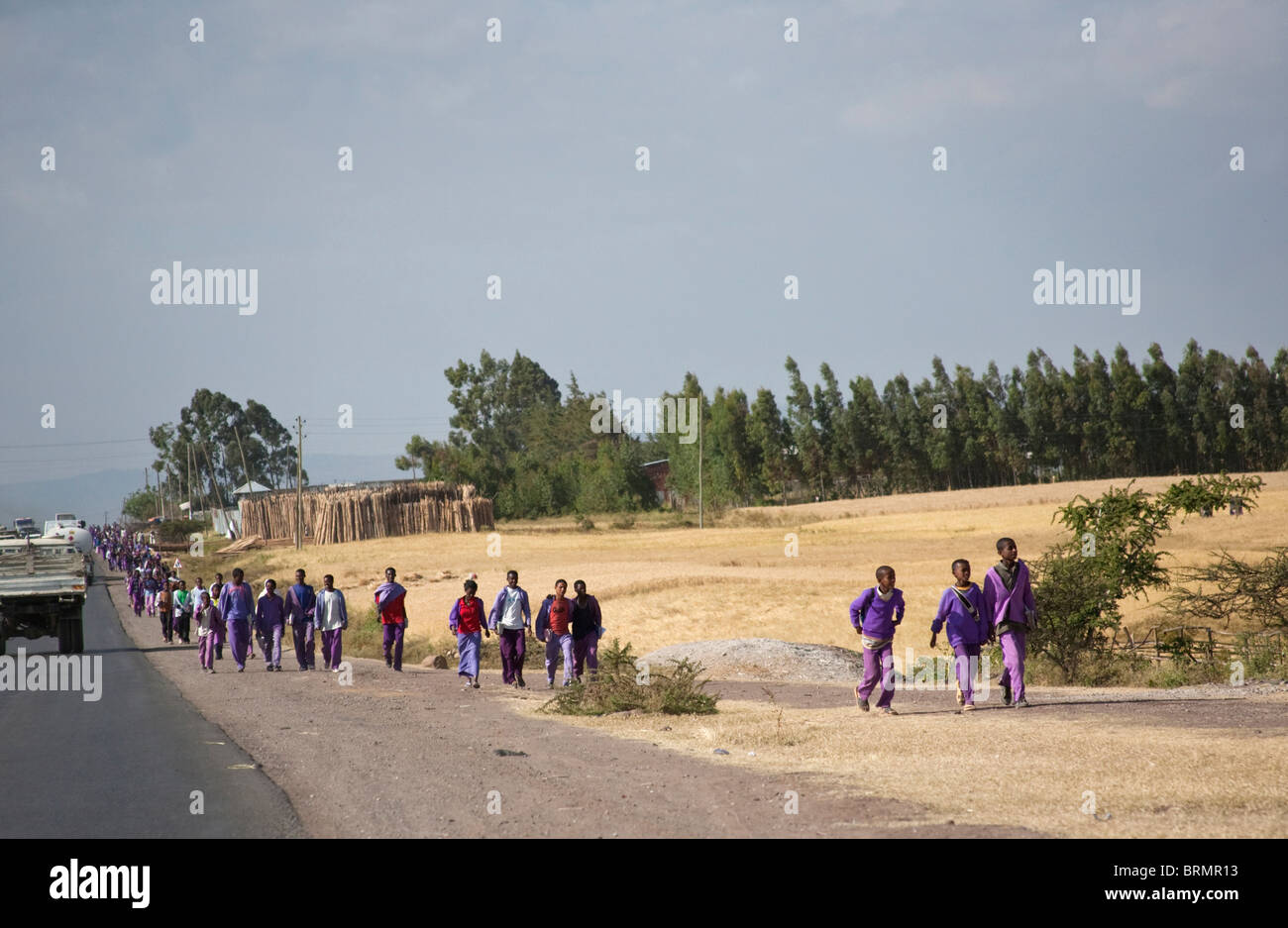 Les spécialistes de l'uniforme mauve marcher sur le bord de la route comme ils marchent à la maison de l'école à la périphérie d'Addis Abeba Banque D'Images