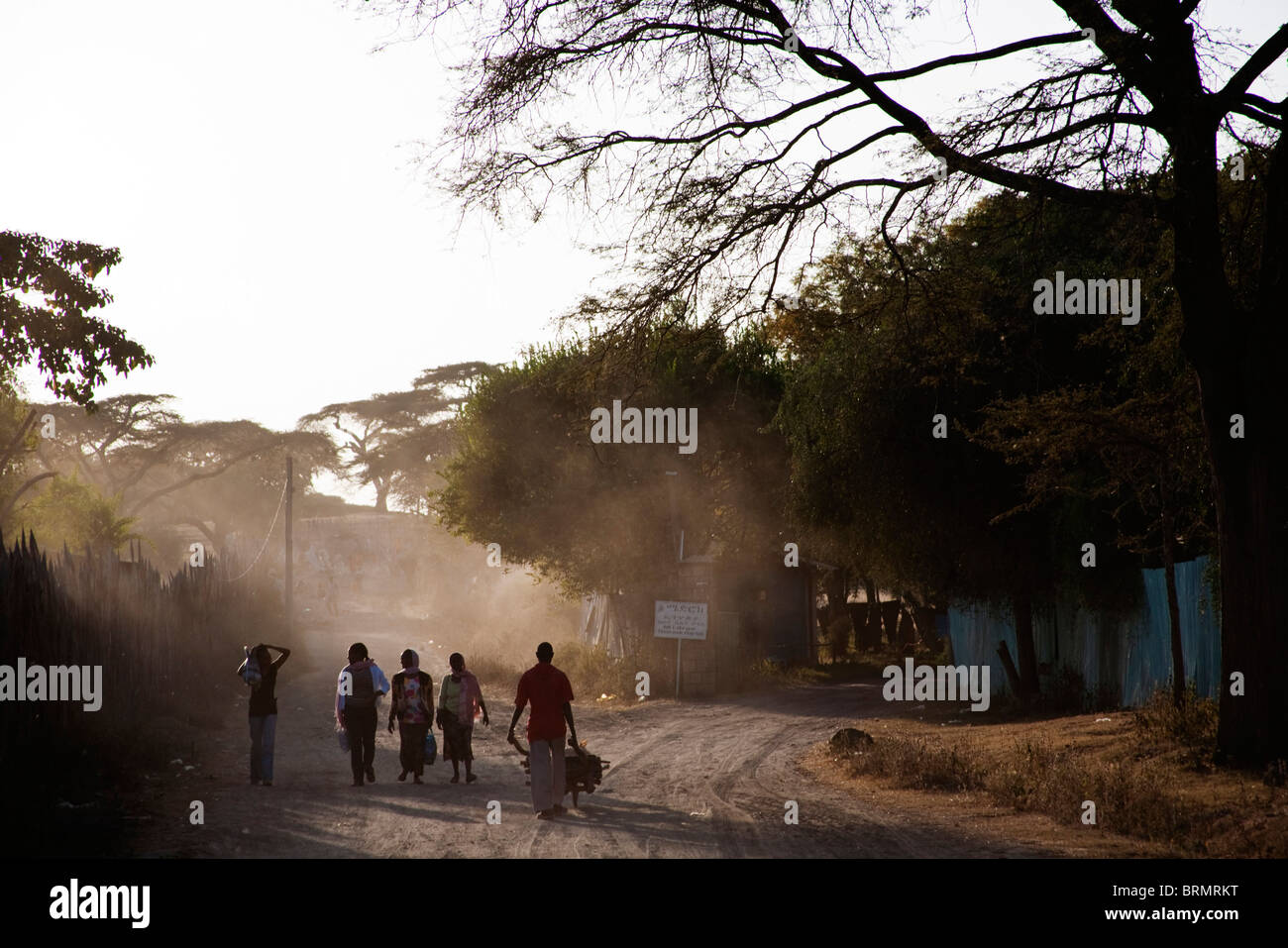 La population locale au travail à pied sur une route poussiéreuse à Awassa Banque D'Images