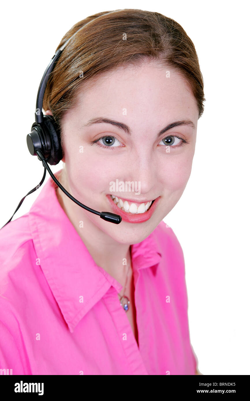 Happy smiling girl travaillant sur un casque offrant un soutien téléphonique ou le service à la clientèle libre portrait portrait Banque D'Images