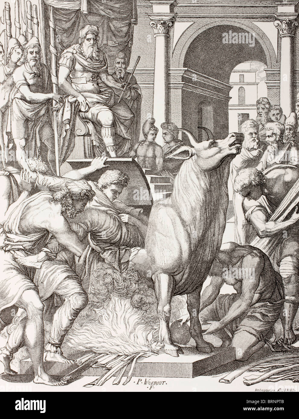 Phalaris le tyran d'Acragas (Agrigente, Sicile), condamnant le sculpteur Perillus à mourir dans le taureau en bronze. Banque D'Images