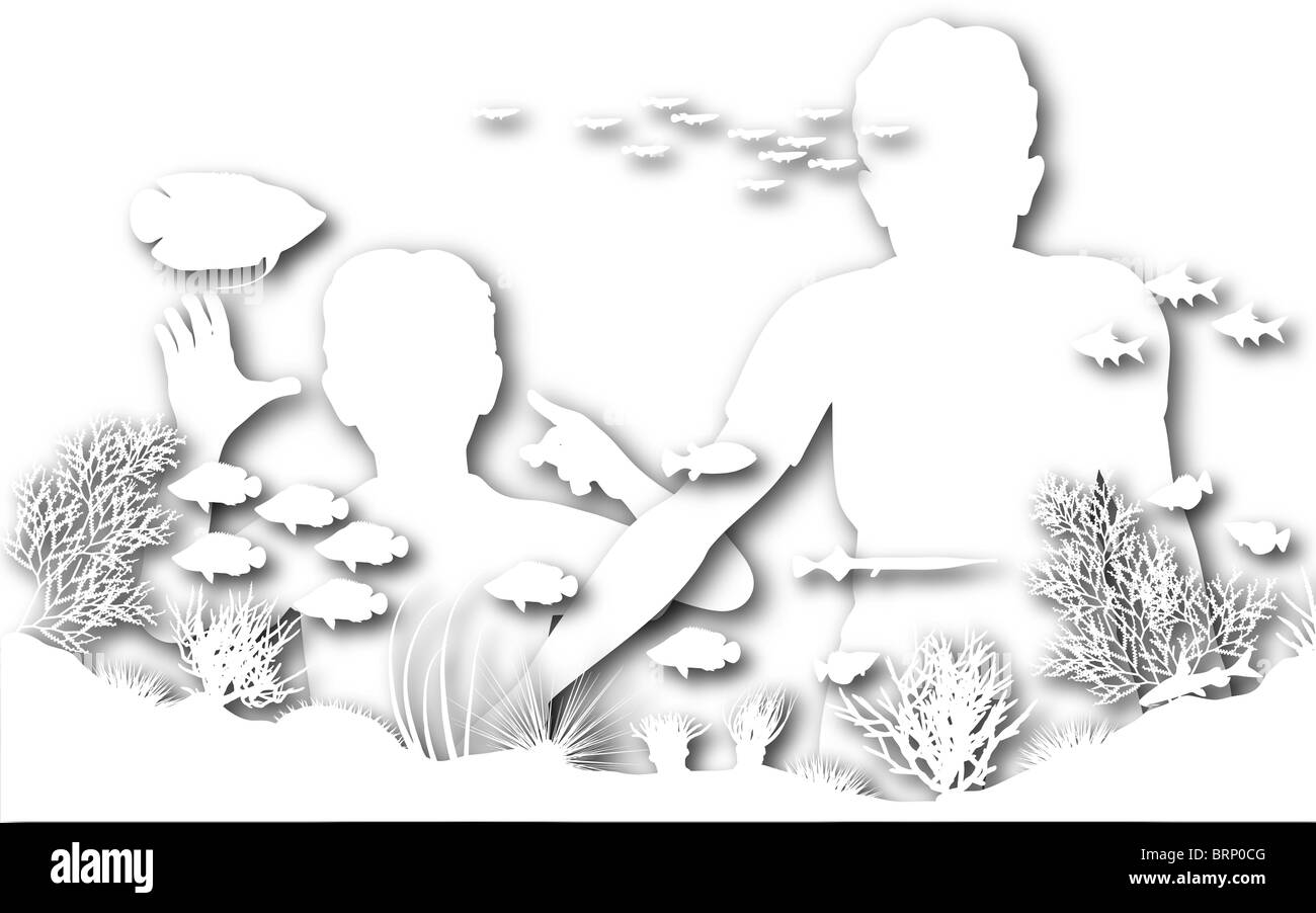 Illustration d'une mère et son fils regardant des poissons dans un aquarium Banque D'Images