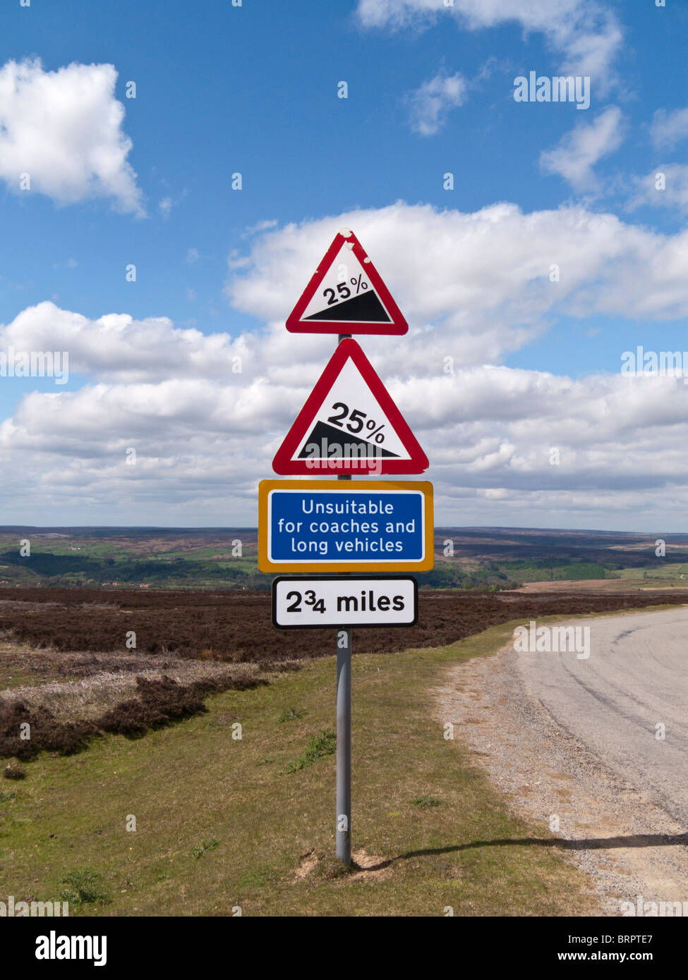 Panneau d'avertissement, panneaux de signalisation, danger colline escarpée, North York Moors, Yorkshire UK Banque D'Images
