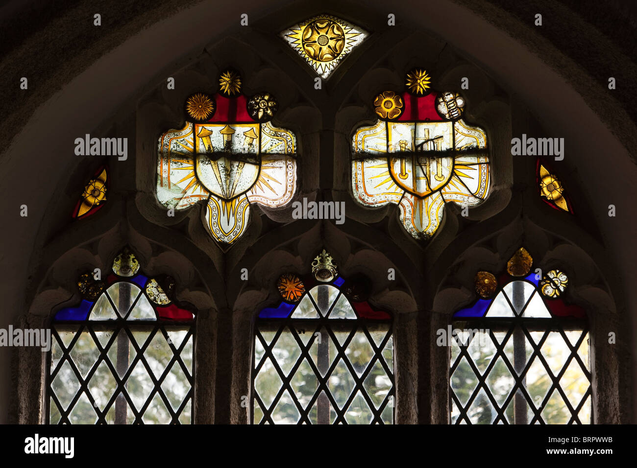 Royaume-uni, Angleterre, Cornouailles, Laneast, église de St Sidwell et St Gulval, intérieur ancien vitrail Banque D'Images